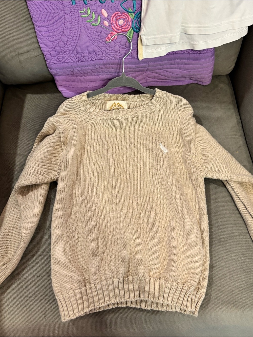 Classic Tan Knit Sweater with Small Embroidered Logo
